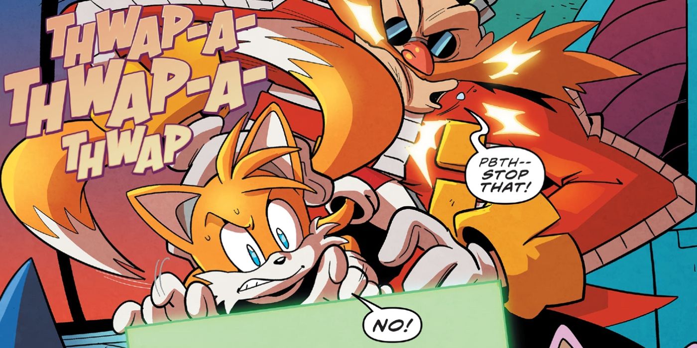 Tails uses his tails to hit Dr Eggman in the face in Sonic 60