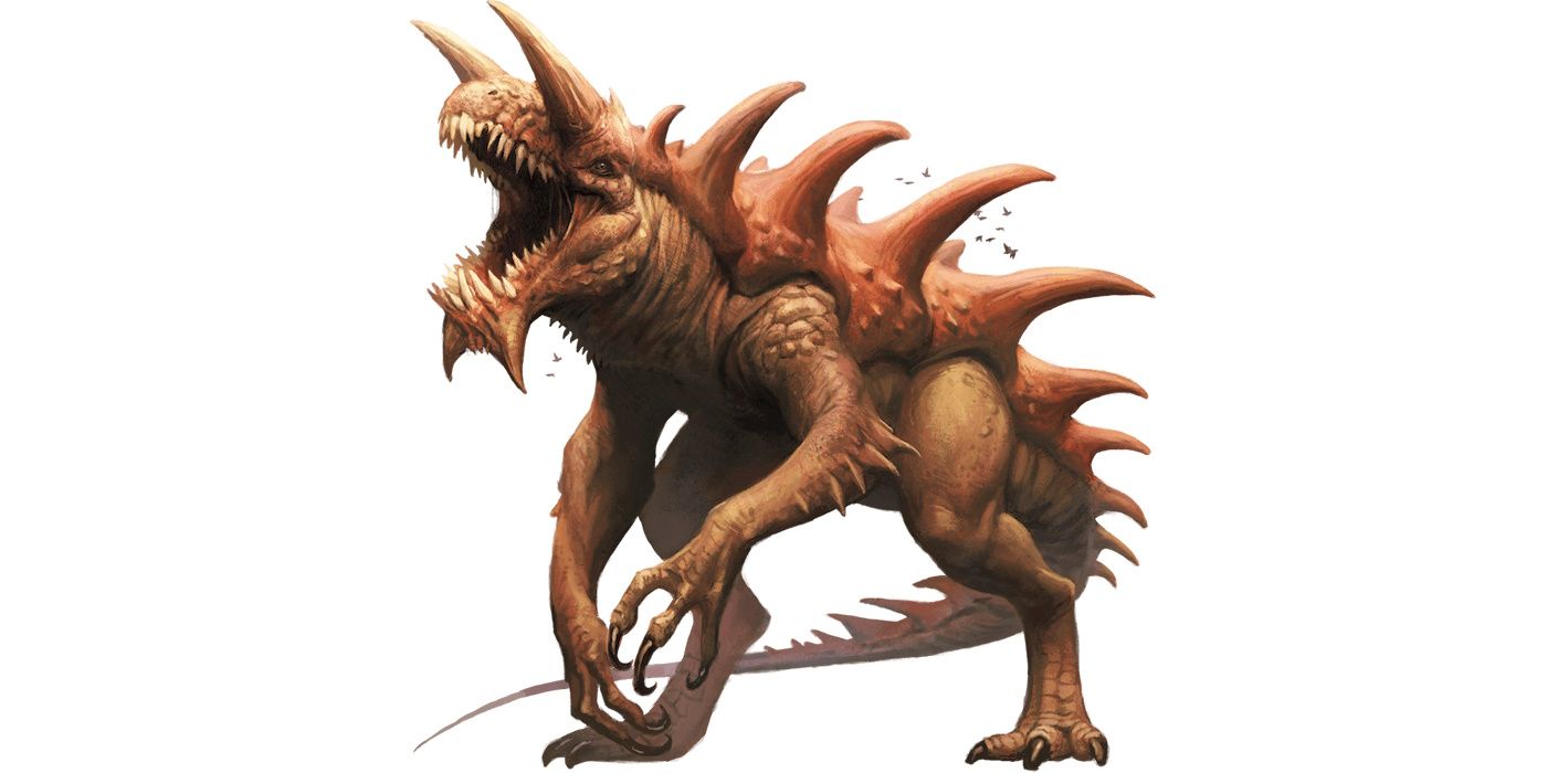 Artwork of a huge spined creature roaring as tiny birds fly in the background showing the monsters size