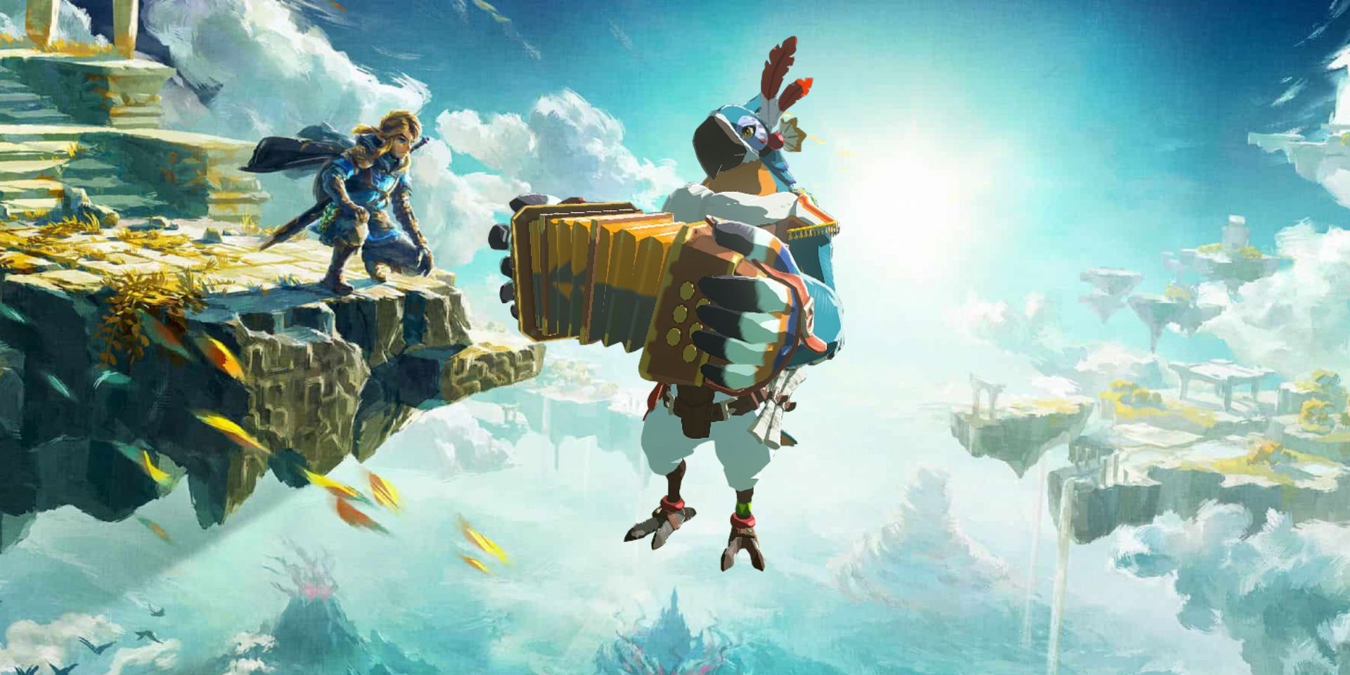 The signature art for The Legend of Zelda: Tears of the Kingdom, with Breath of the Wild NPC Kass superimposed.