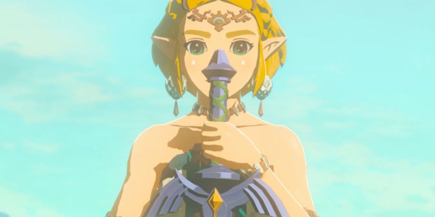Putri Zelda di Air Mata Kerajaan, memegang Master Sword dari wajahnya.