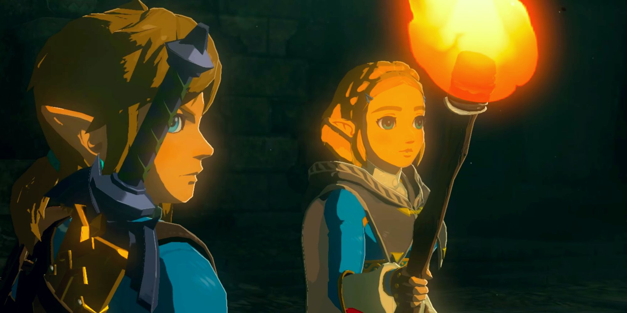 Tangkapan layar dari cutscene pembukaan Tears of the Kingdom, menunjukkan Zelda memegang obor di sebelah Link saat keduanya melihat layar ke kanan.