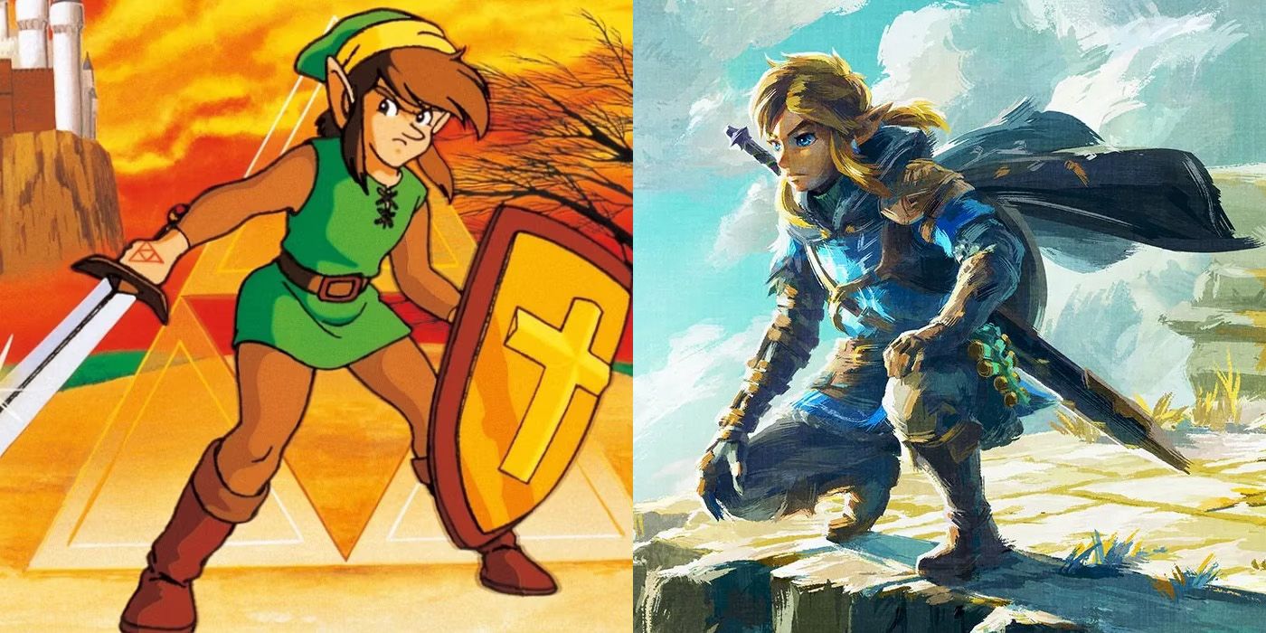 Two artworks of Link side-by-side, the one on the left from the original Legend of Zelda, and the one on the right from the series' most recent game, Tears of the Kingdom.