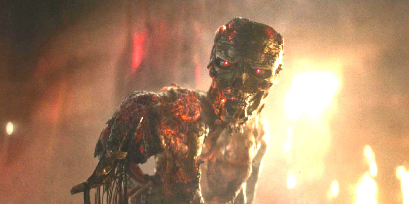A cyborg with all the flesh burned away, revealing a mangled and half-melted robotic skeleton with leering skull face and glowing red eyes