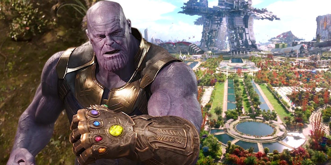 Thanos com a Manopla do Infinito e o planeta Xandar