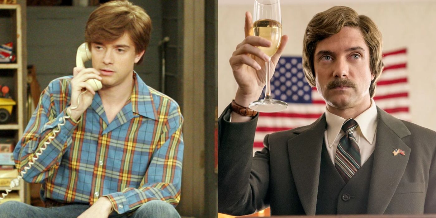 A split image of Topher Grace in That '70s Show and BlacKkKlansman