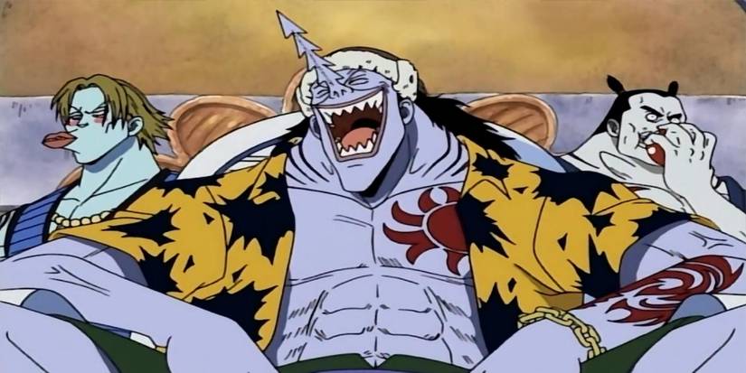 One Piece's Arlong laughs aside two of his lackeys.