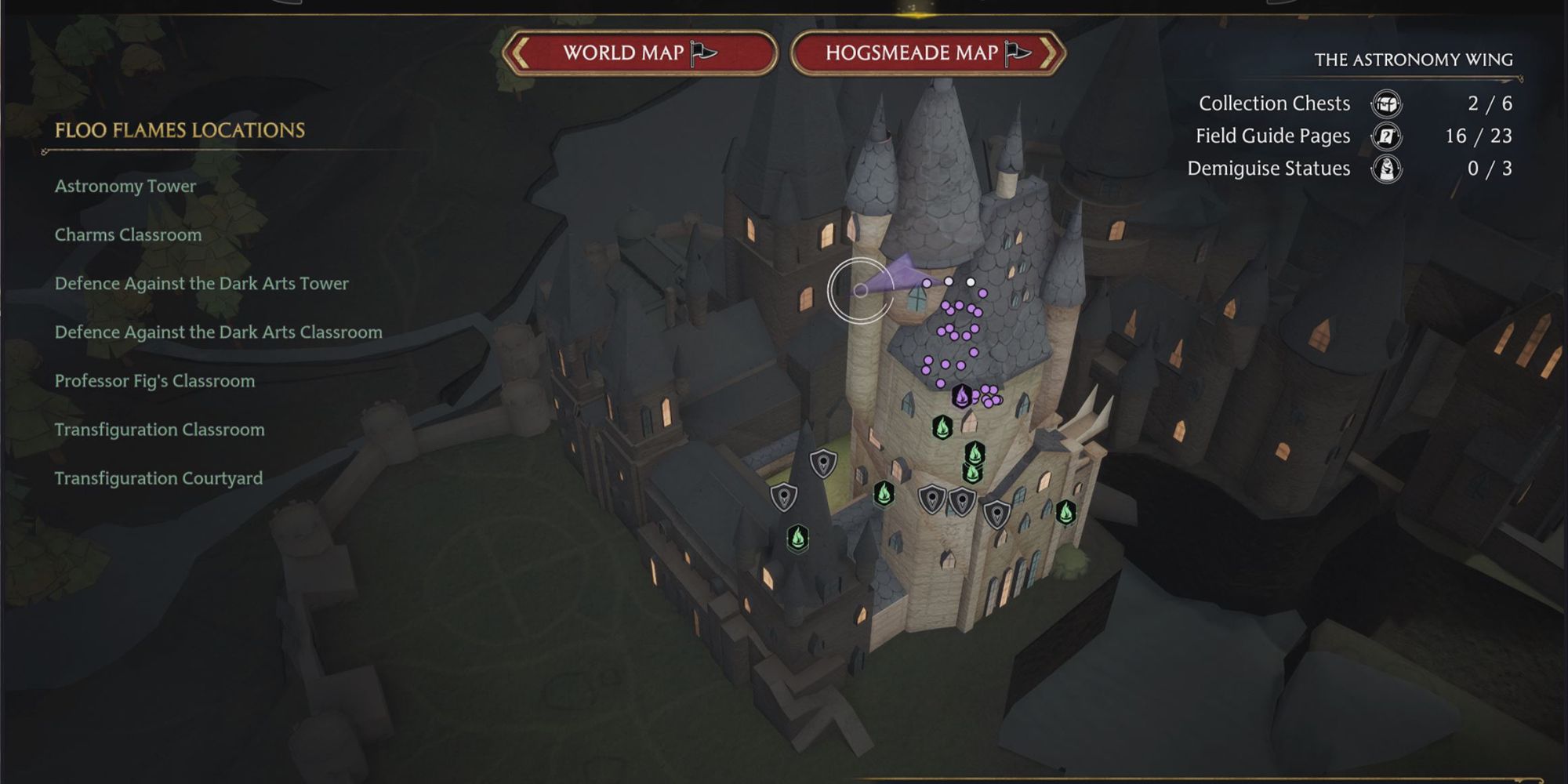 The Astronomy Wing Floo Flame Locations in Hogwarts Legacy Map
