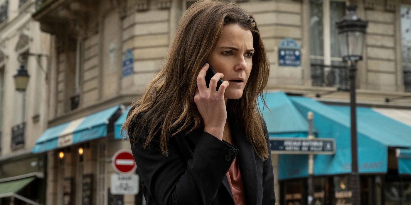 Kate Wyler (Keri Russell) in The Diplomat talking angrily on her phone