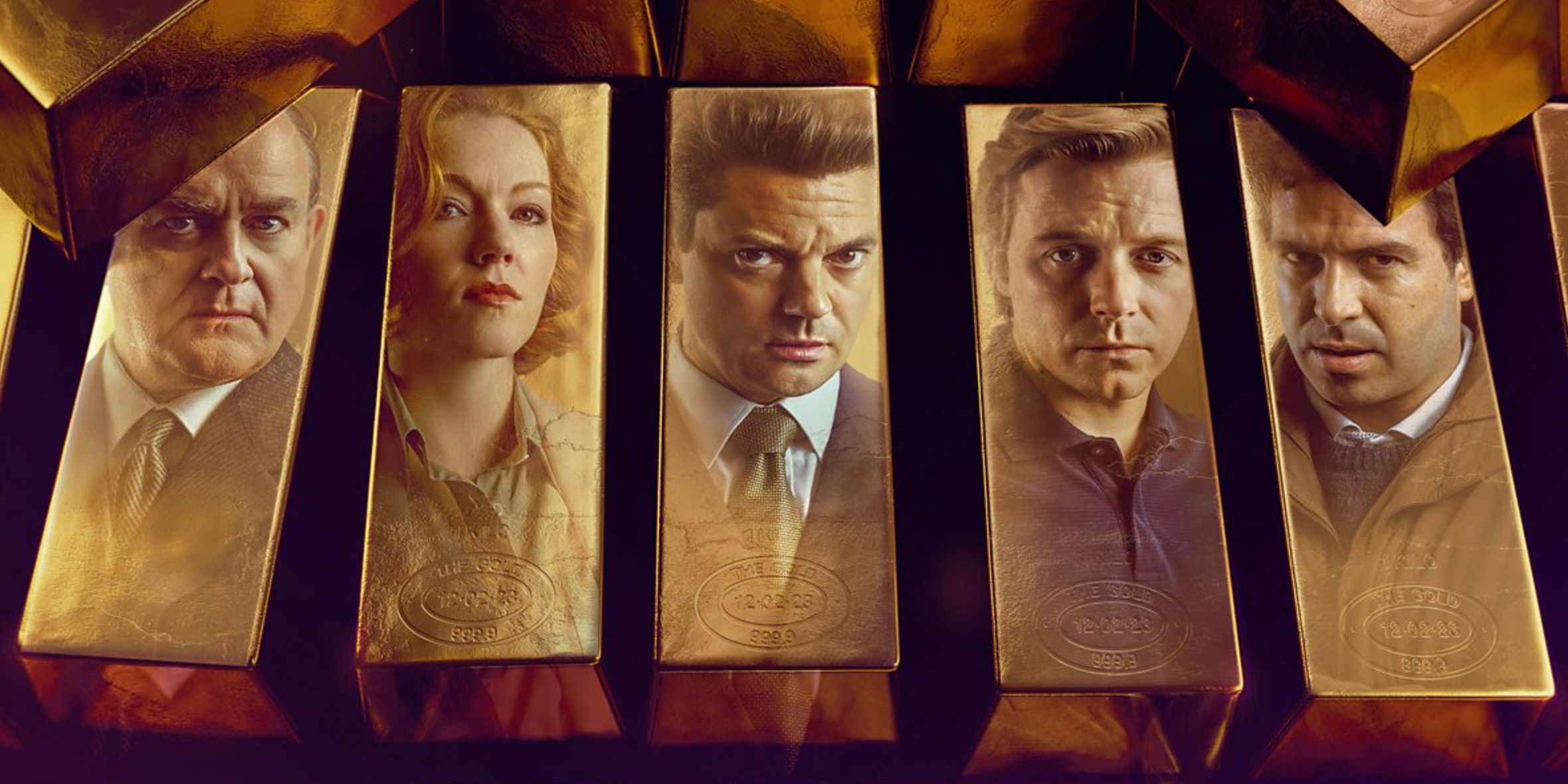 The faces of the cast of the BBC series Gold appear on gold bars