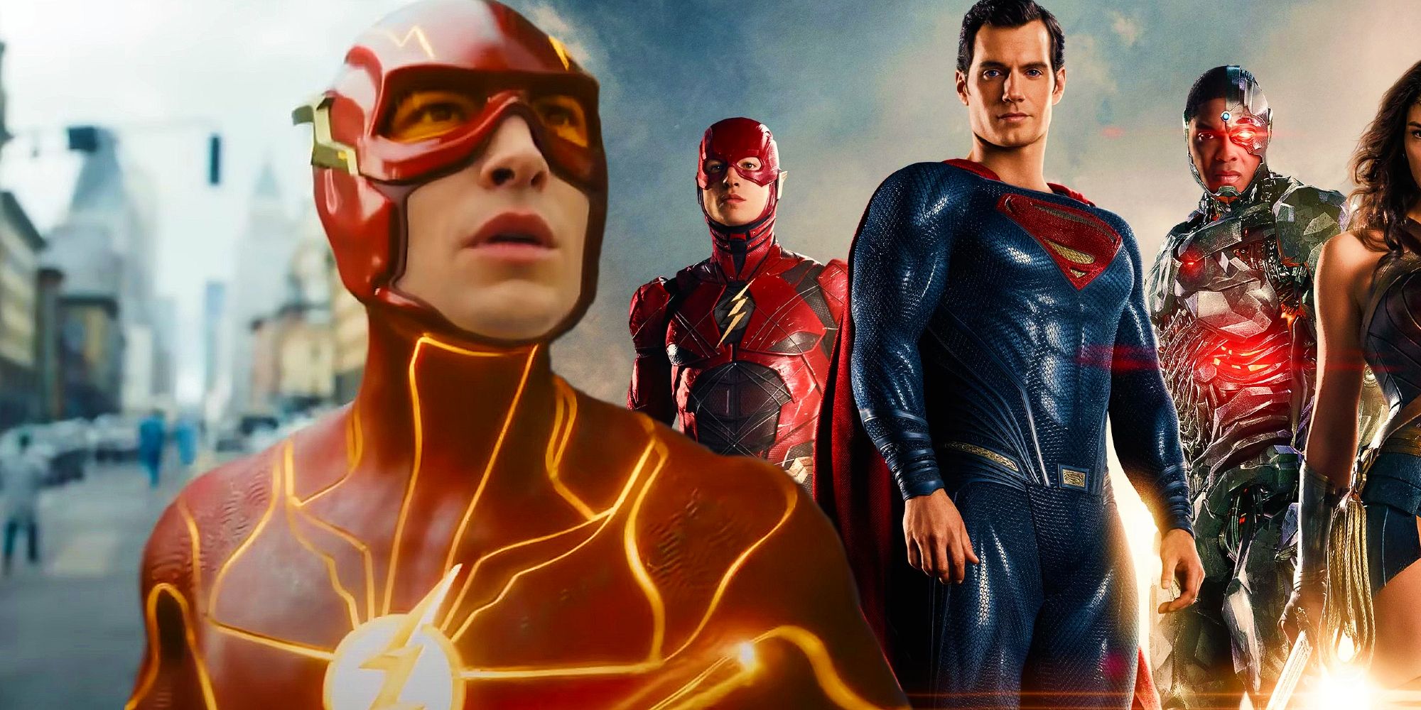 Le Flash du film de 2023 à côté du Flash, Superman et Cyborg de la Justice League du DCEU.