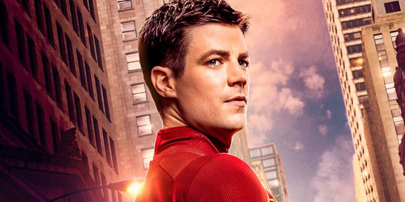 Grant Gustin as The Flash in final season poster, unmasked and looking over his shoulder.