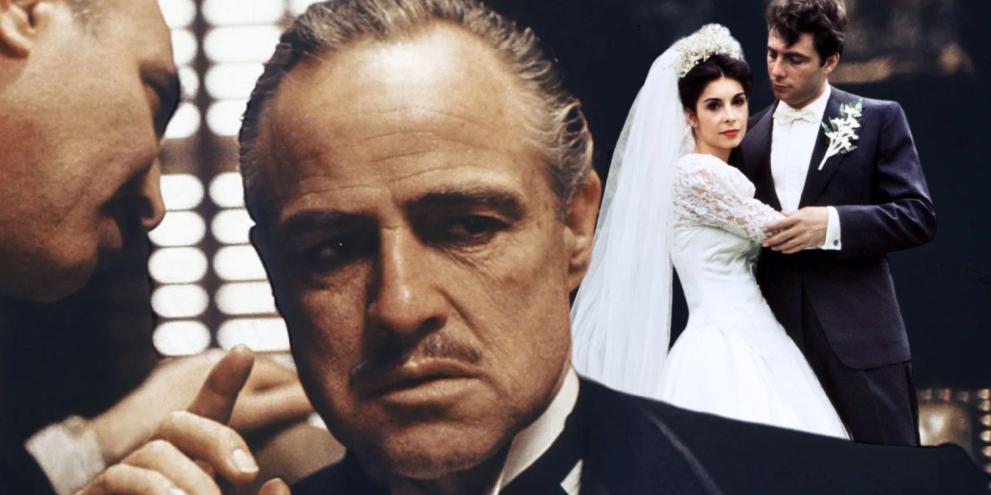 Composite image of Don Corleone and Connie and Carlo on their wedding day