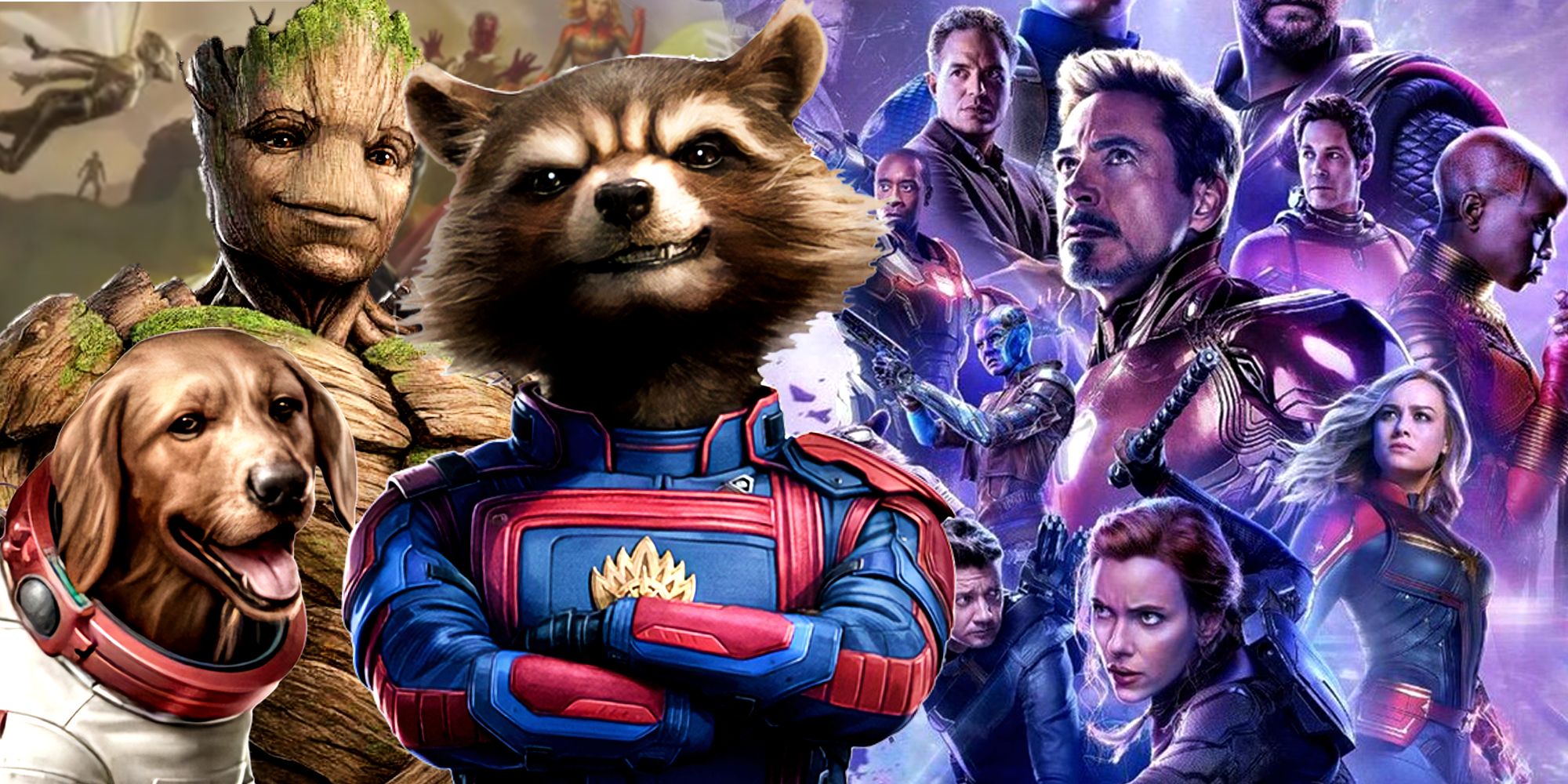 Montage of the Guardians of the Galaxy — Rocket, Cosmo, and Groot — and a poster from Avengers: Endgame.