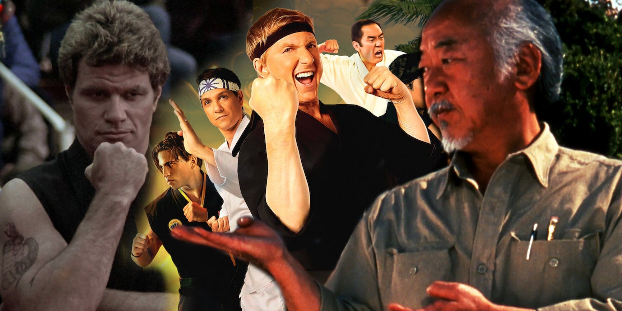 A blended image features Kreese in Karate Kid, cast members of Cobra Kai, and Miyagi in Karate Kid