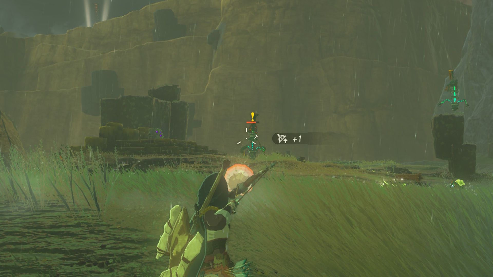 The Legend Of Zelda Tears Of The Kingdom Link Aiming Monster Eyeball Fused Arrow At Zonai Construct