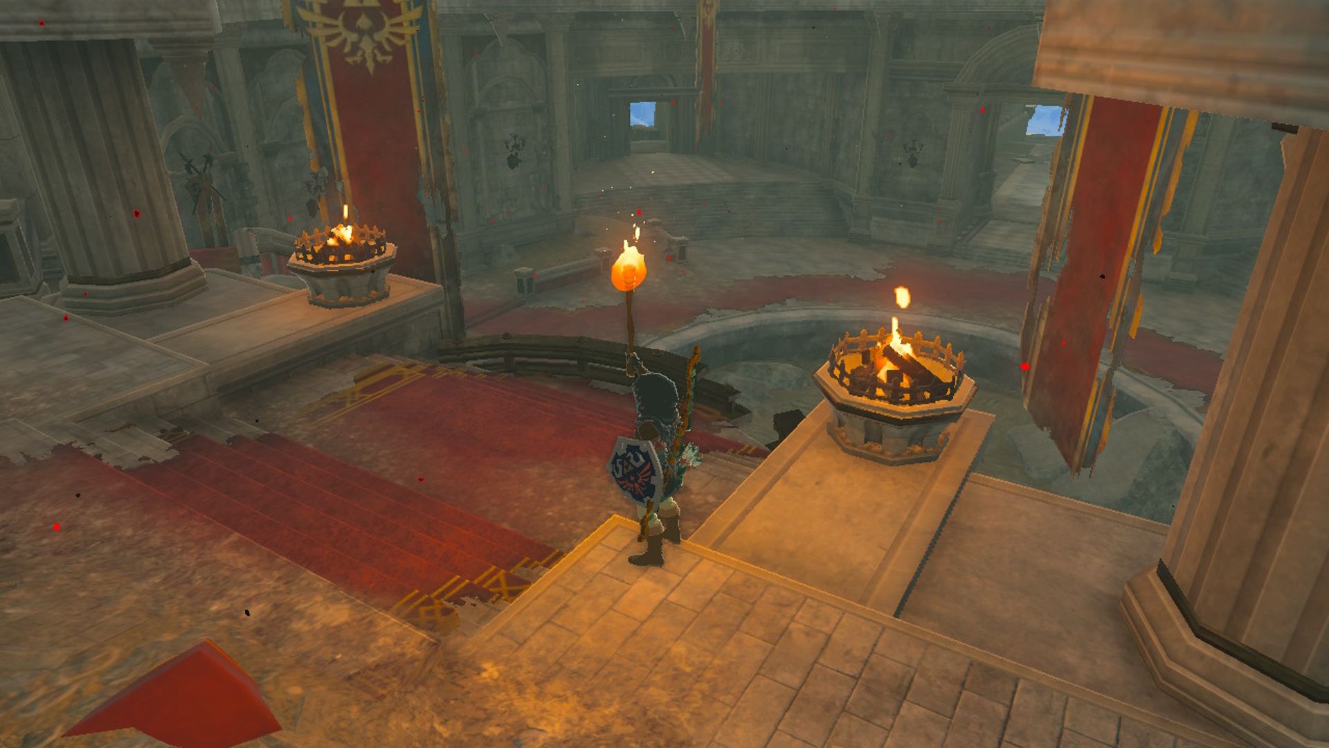 The Legend Of Zelda Tears Of The Kingdom Link Lighting Braziers Near Throne In Hyrule Castle Sanctum-1