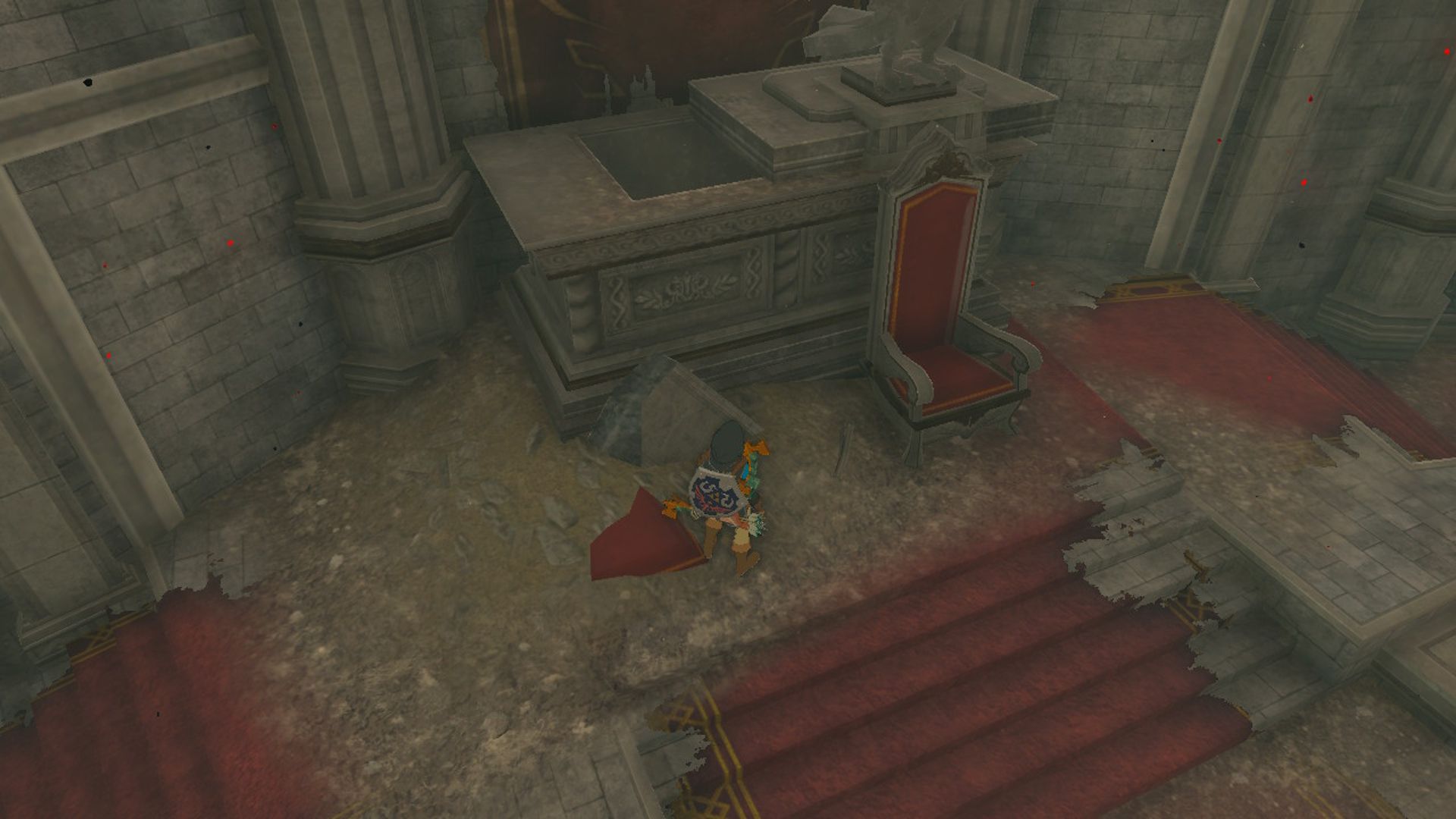 The Legend Of Zelda Tears Of The Kingdom Link Looking At Champion's Leather Secret Compartment Behind Throne In Hyrule Castle Sanctum