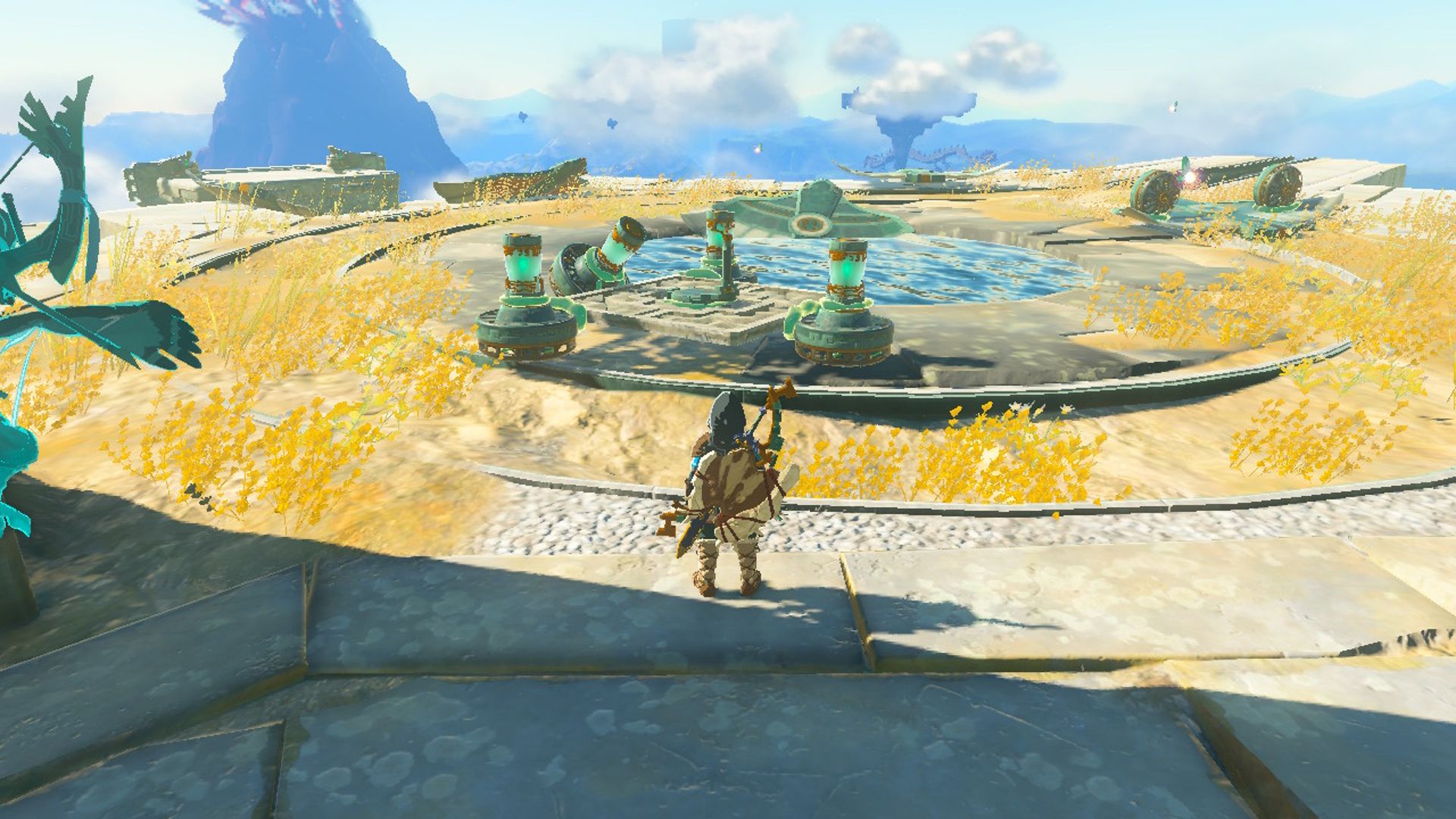 The Legend Of Zelda Tears Of The Kingdom Link Looking At Zonai Wings And Hovercraft On Sky Island