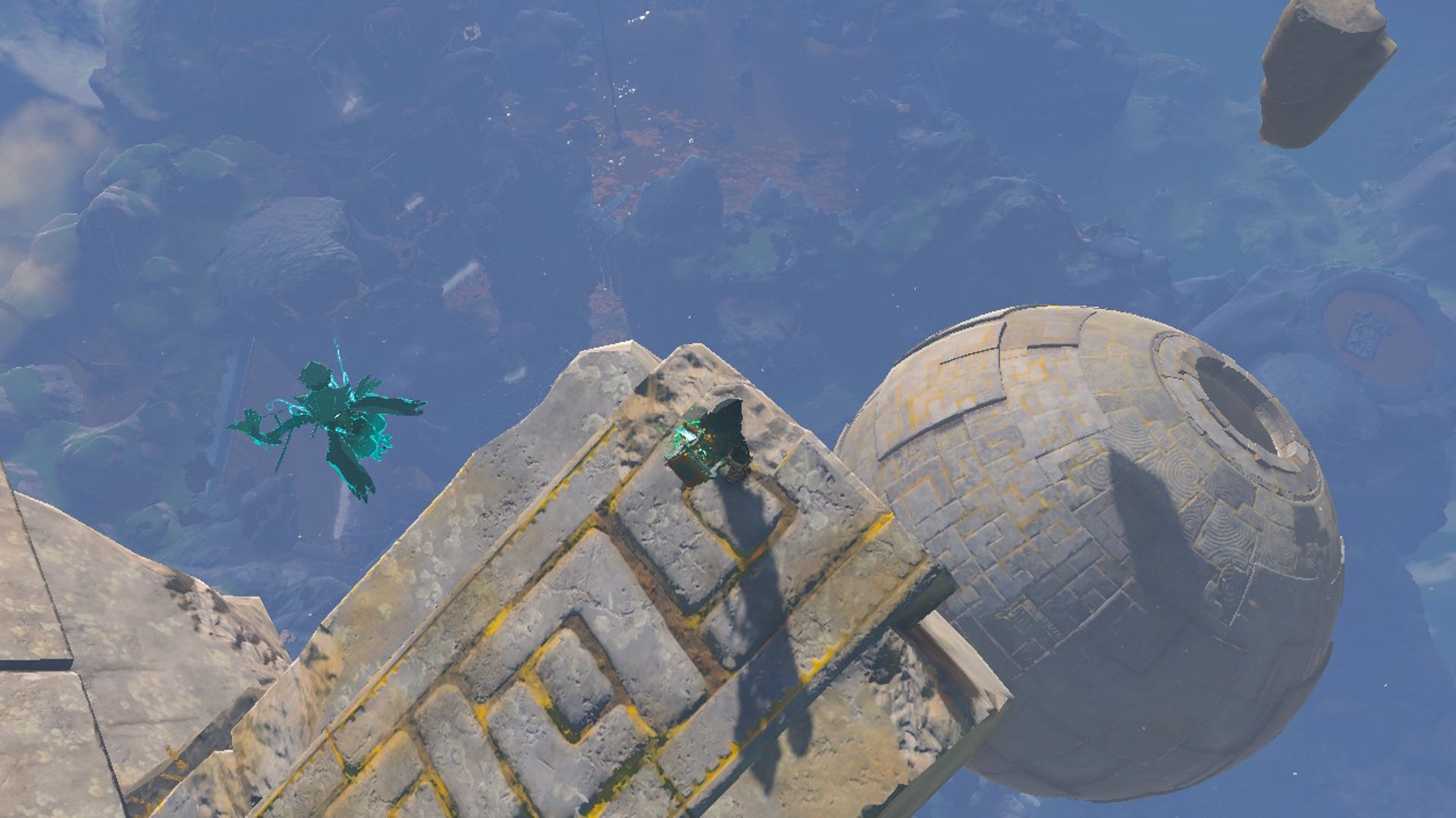The Legend Of Zelda Tears Of The Kingdom Link Looking Down At Giant Floating Stone Sphere With Jirutagumac Shrine Inside