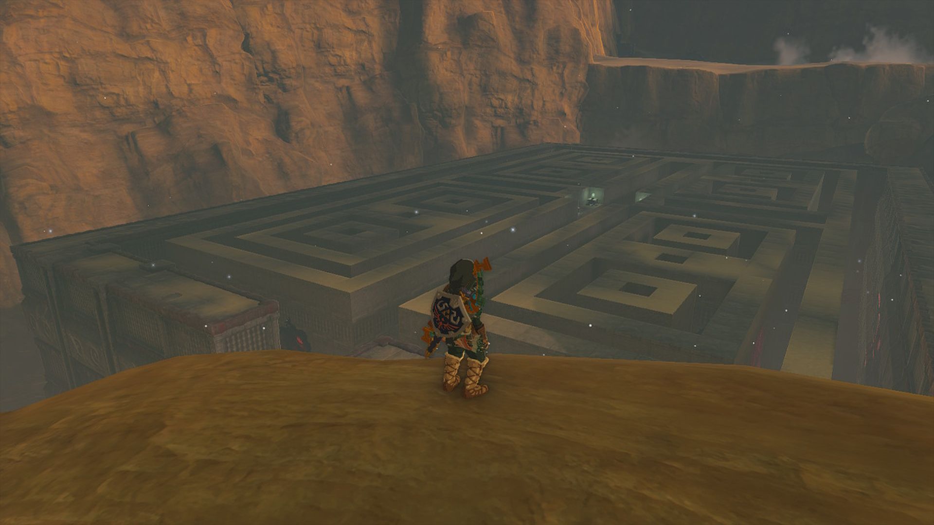 The Legend Of Zelda Tears Of The Kingdom Link Looking Down At South Lomei Labyrinth And Motsusis Shrine