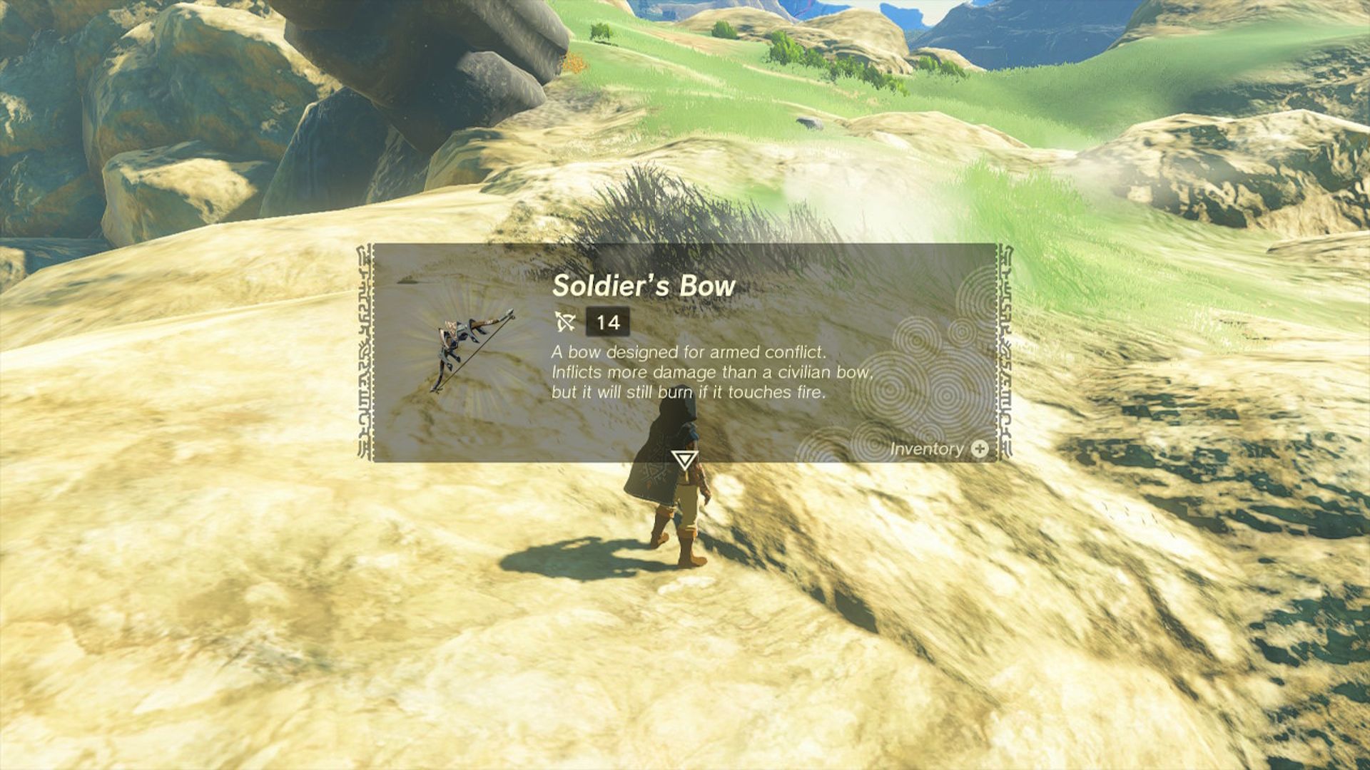 The Legend Of Zelda Tears Of The Kingdom Link Picking Up Soldier's Bow On Mountainside