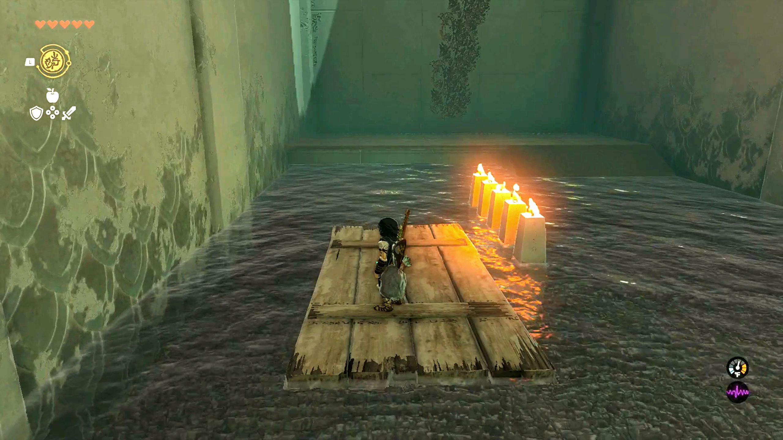 The Legend Of Zelda Tears Of The Kingdom Link Riding Water Raft Past Lit Stone Braziers In Sepapa Shrine