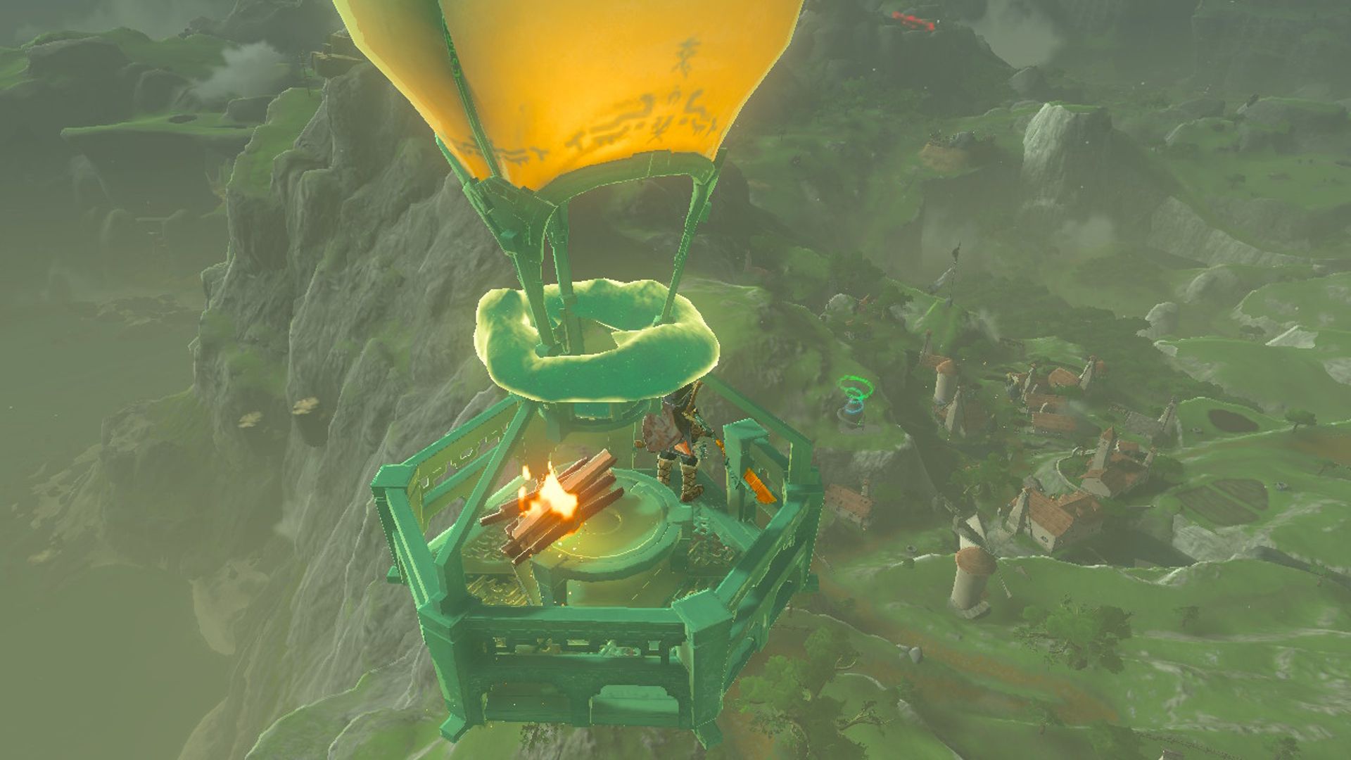 The Legend Of Zelda Tears Of The Kingdom Link Riding Zonai Hot Air Balloon Above Hateno Village