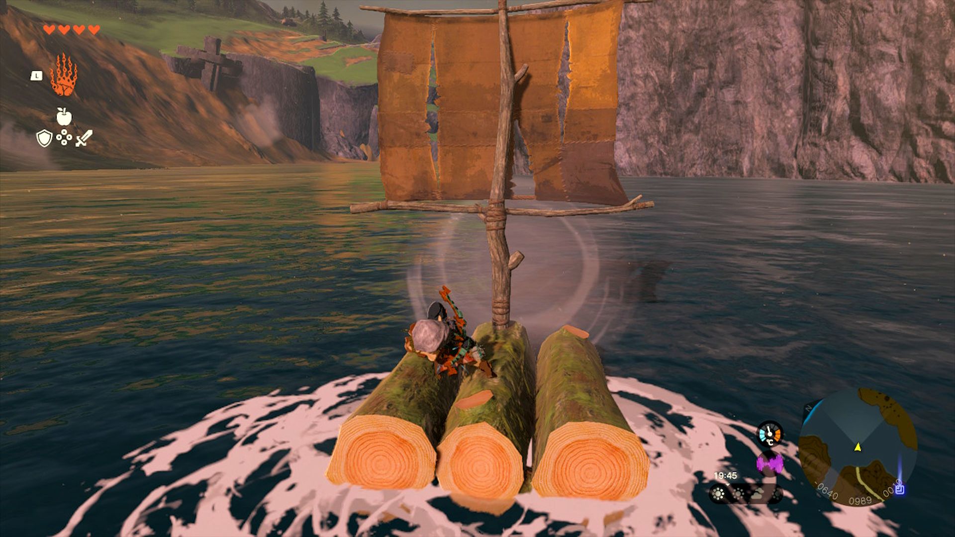 The Legend Of Zelda Tears Of The Kingdom Link Sailing To Hyrule Castle Docks On Basic Raft Using Korok Frond Guster