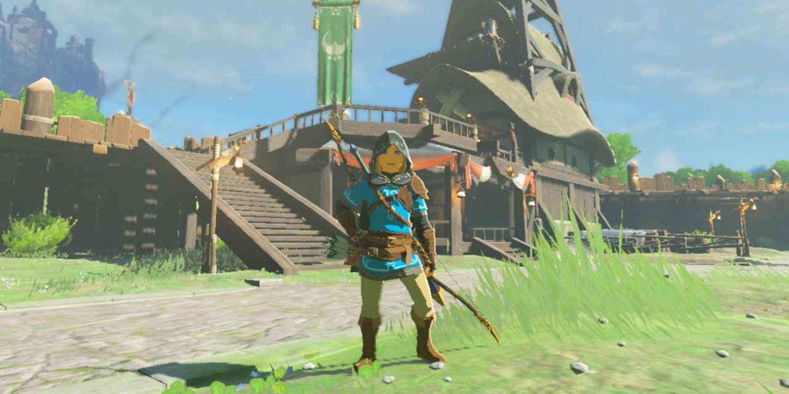 The Legend Of Zelda Tears Of The Kingdom Link Standing And Smiling In Lookout Landing Wearing Champion S Leathers 