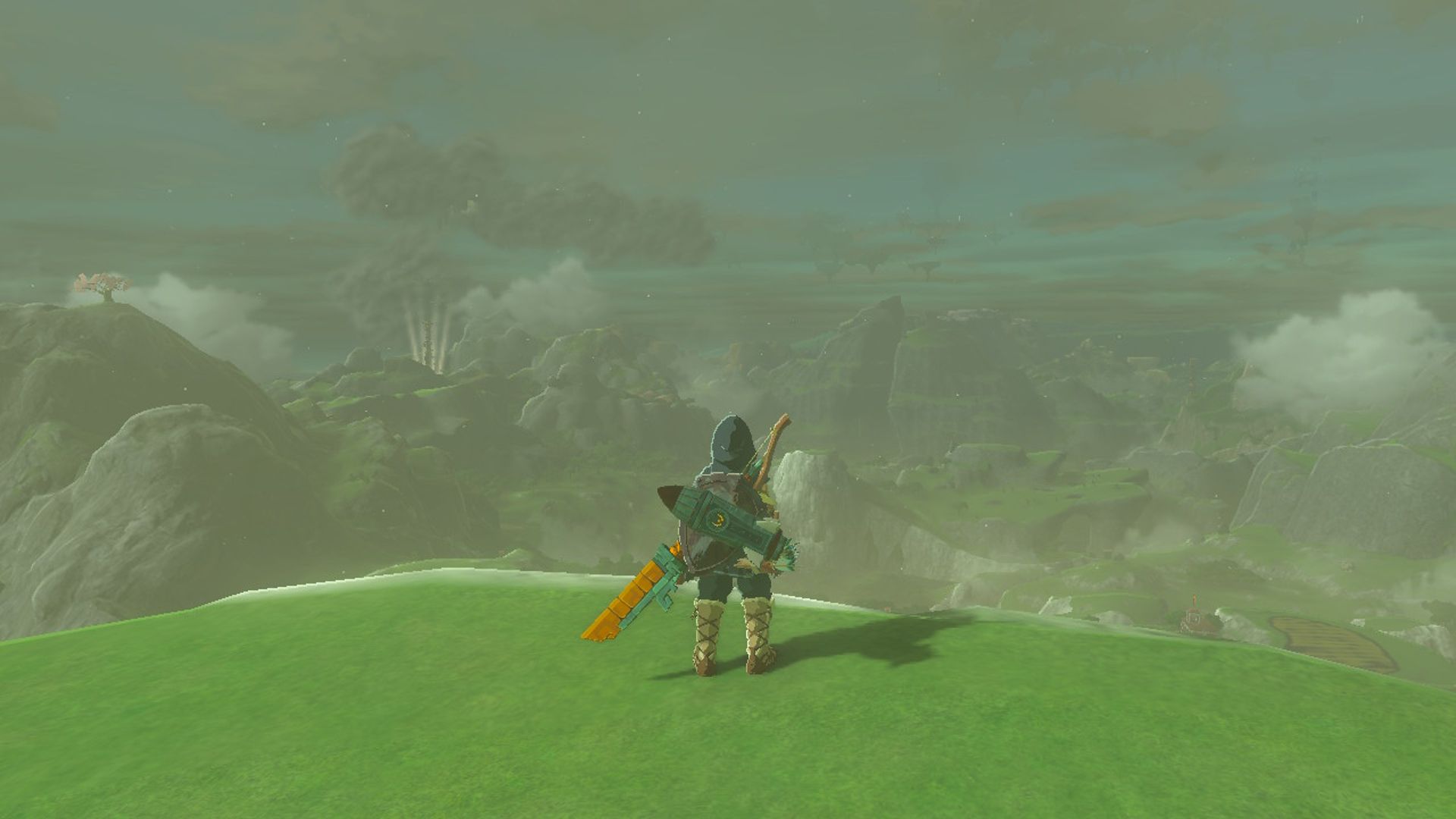 The Legend Of Zelda Tears Of The Kingdom Link Standing On Hateno Village Cliffside With Zonai Rocket Shield Equipped