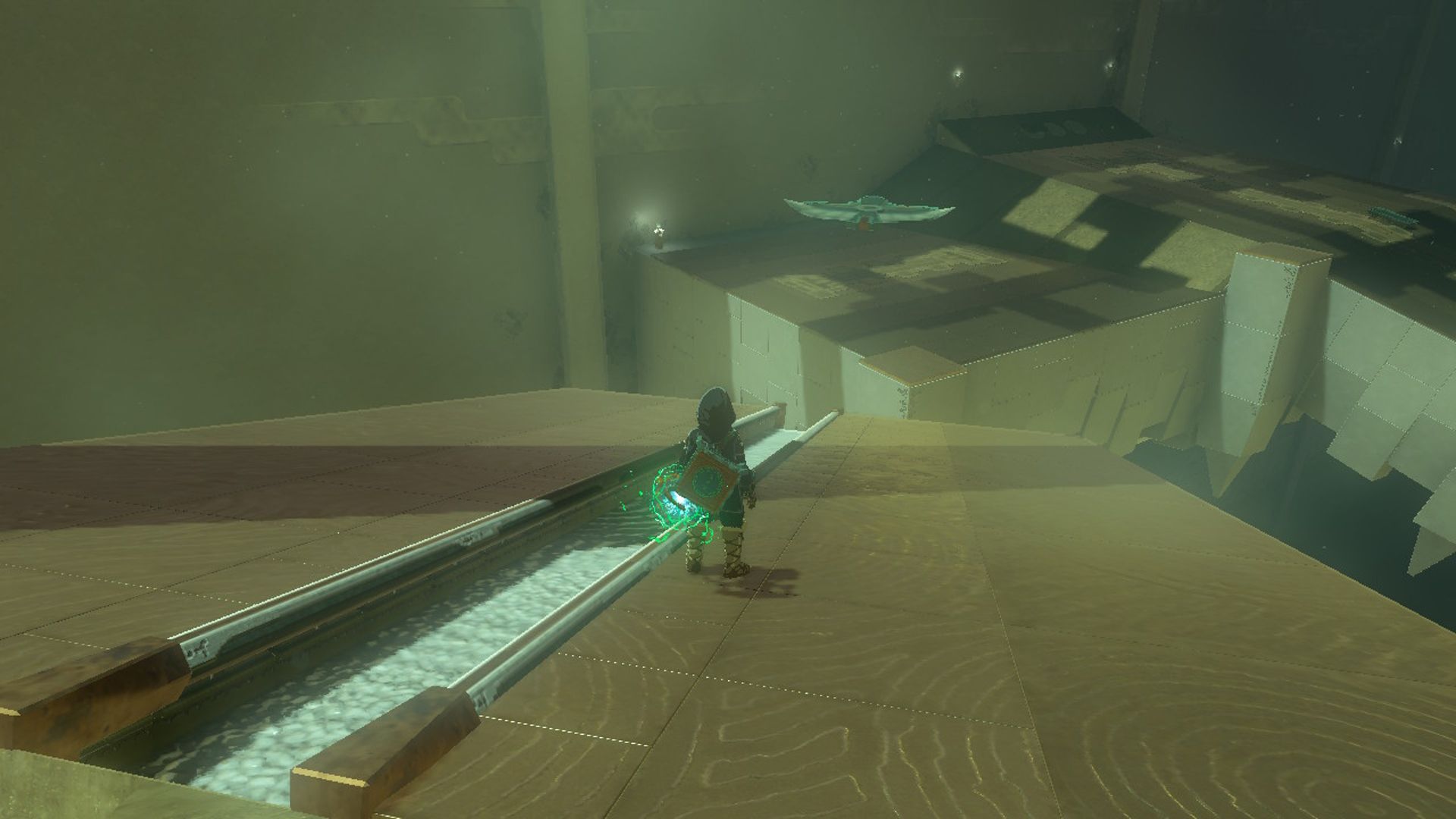 The Legend Of Zelda Tears Of The Kingdom Link Watching Zonai Wing Glide Over To Platform In Jirutagumac Shrine