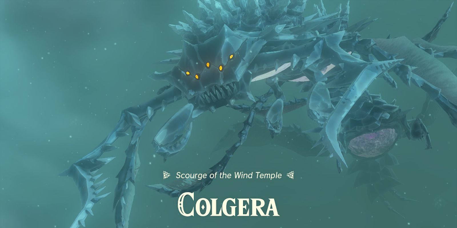 Colgera getting ready for a boss fight in Zelda: Tears of the Kingdom, with a title card that reads 