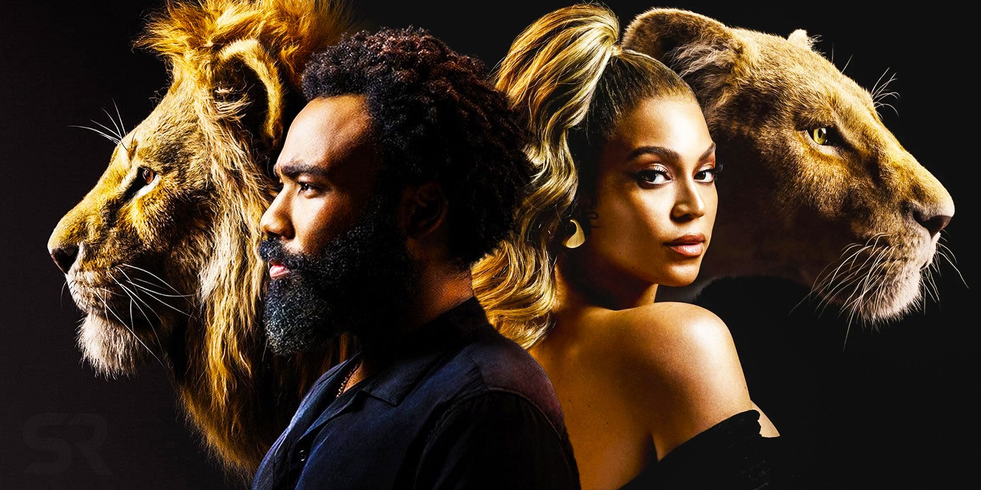 A collage of Simba, Nala, Donald Glover, and Beyonce