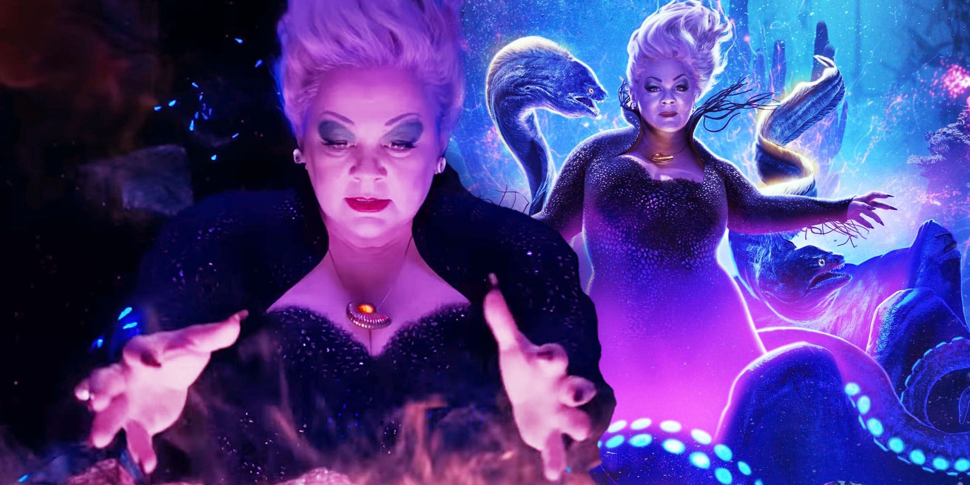 Collage of Melissa McCarthy as Ursula holding her hands over a cauldron and swimming with her eels in The Little Mermaid