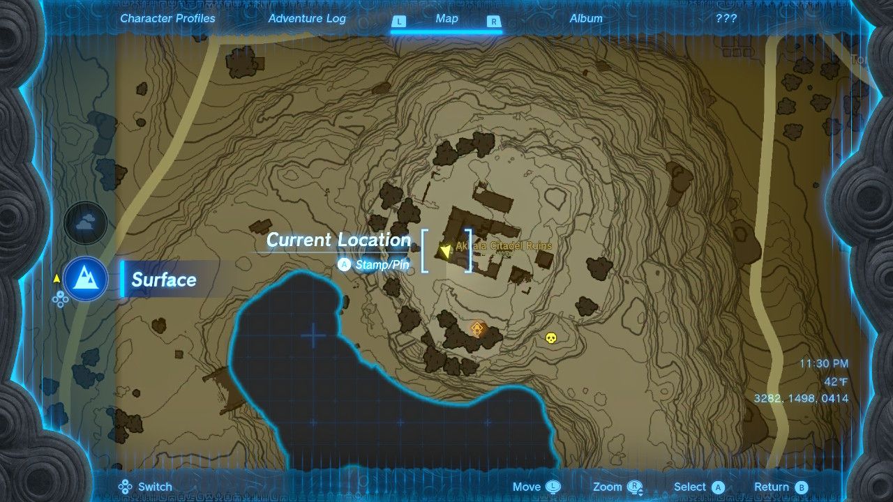 The map location for the hole in the wall to the Akkala Citadel Ruins cave on the map in Zelda TOTK