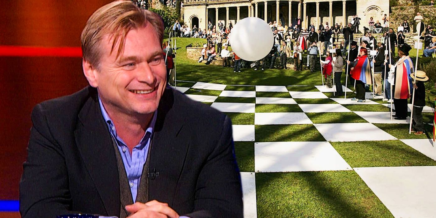 uma imagem personalizada de Christopher Nolan ao lado do set de The Prisoner