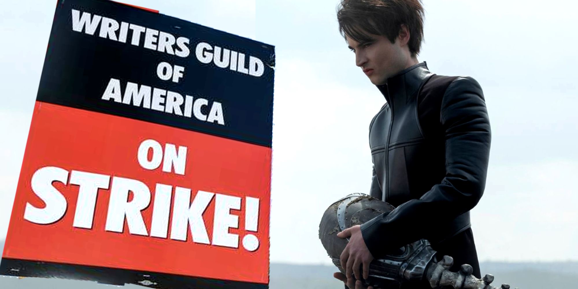 Custom image of the WGA Strike sign and Netflix's The Sandman