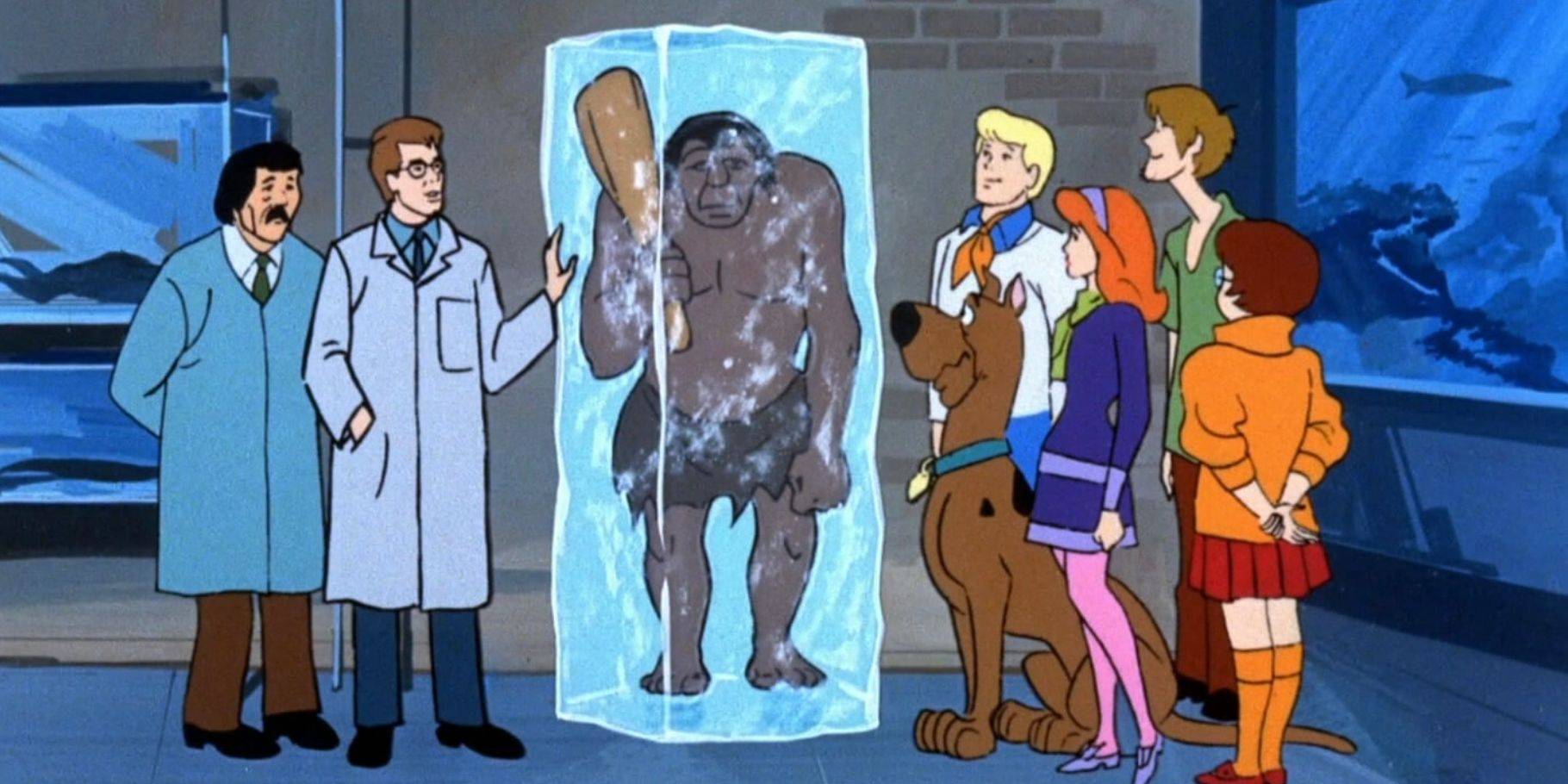 The Scooby gang examines a frozen caveman with scientists in the original Scooby-Doo series