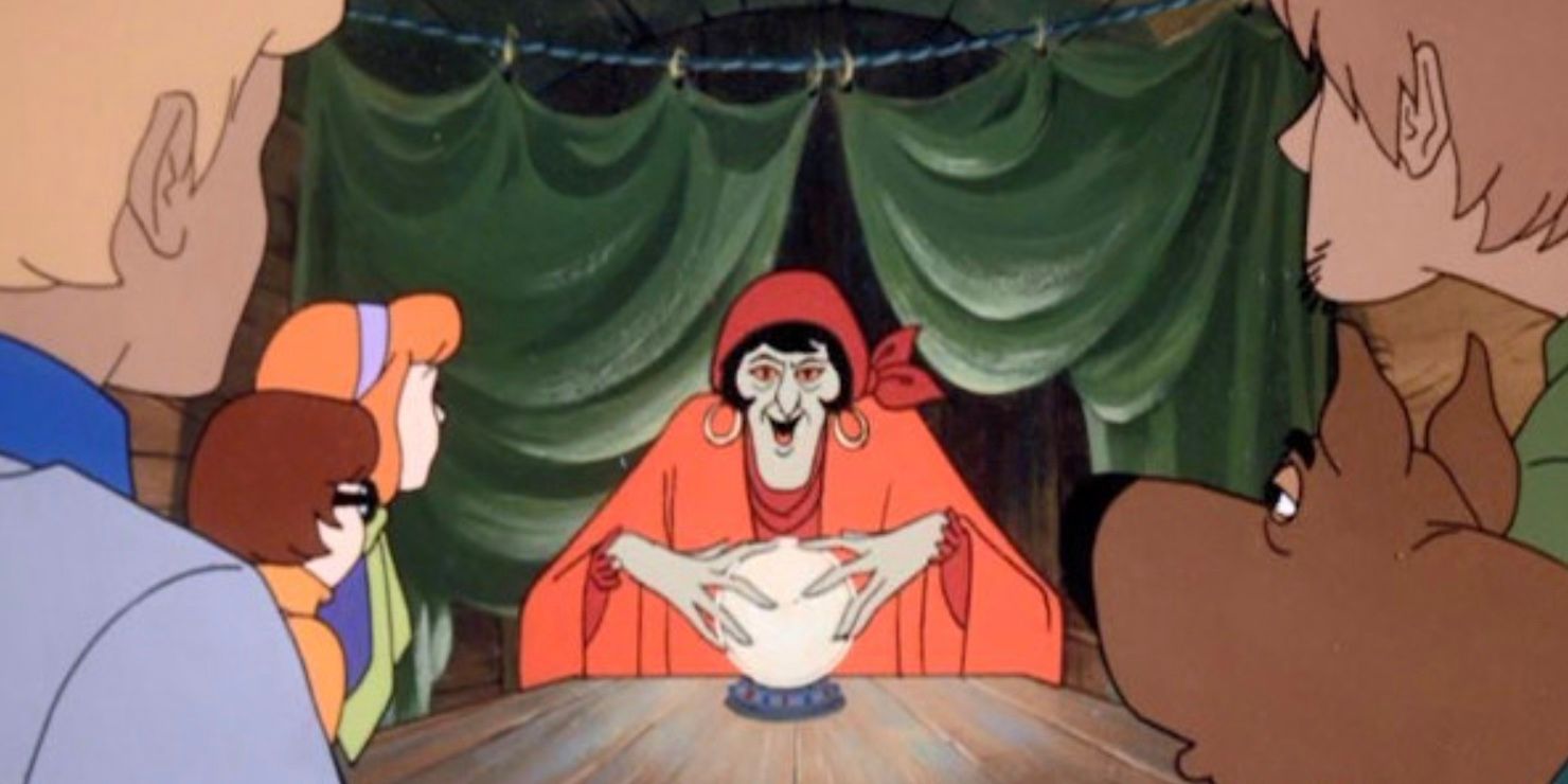 The Scooby gang meeting with a fortune teller in the Scooby-Doo episode A Gaggle of Galloping Ghosts