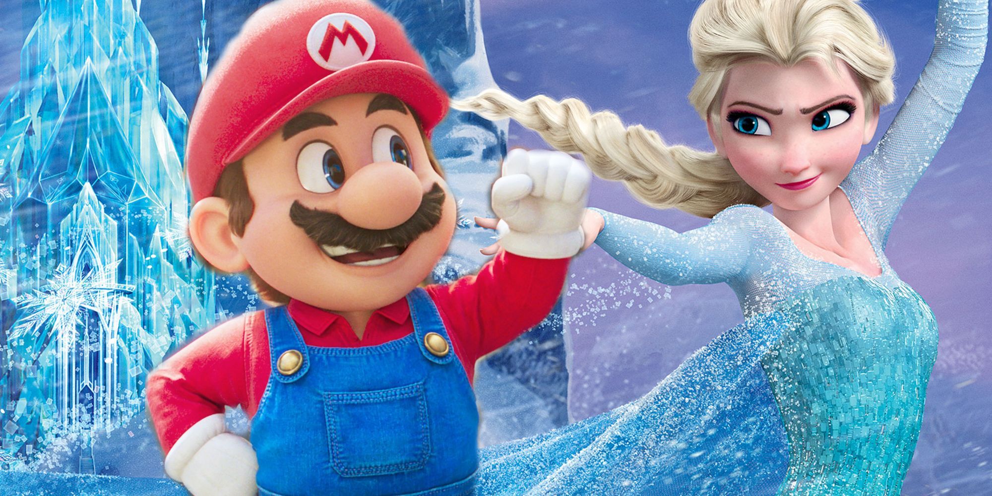Blended image of Mario with his fist up and Elsa making her move from Frozen 