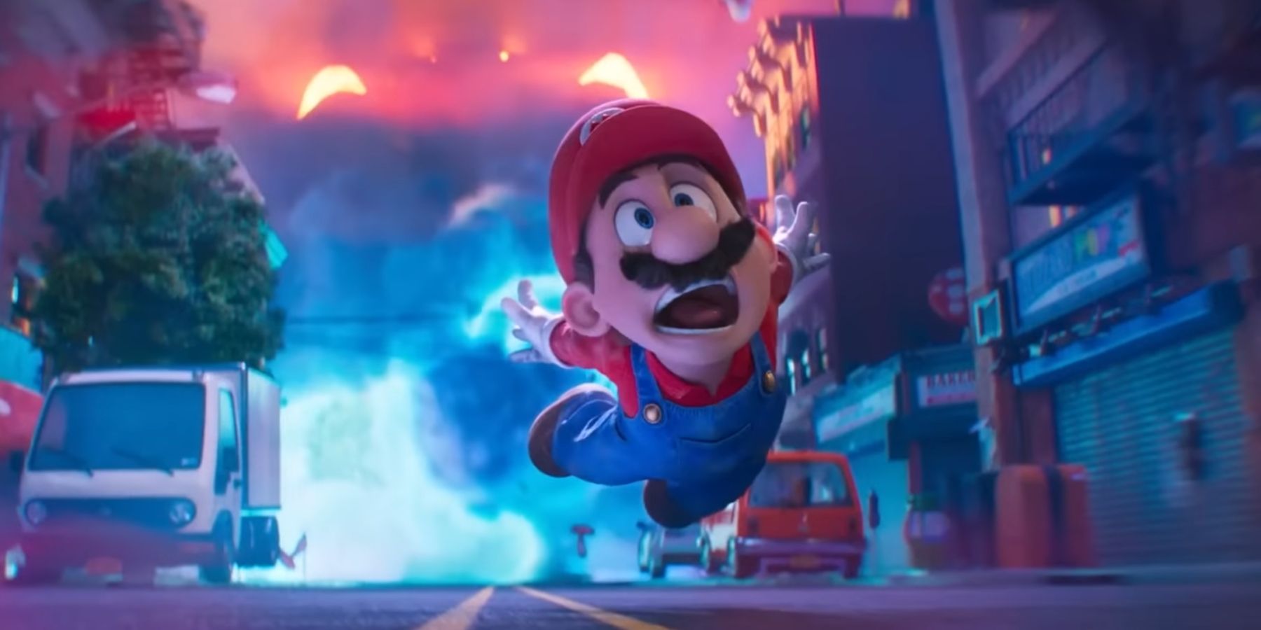 Mario flying through the air in slow motion in The Super Mario Bros. Movie