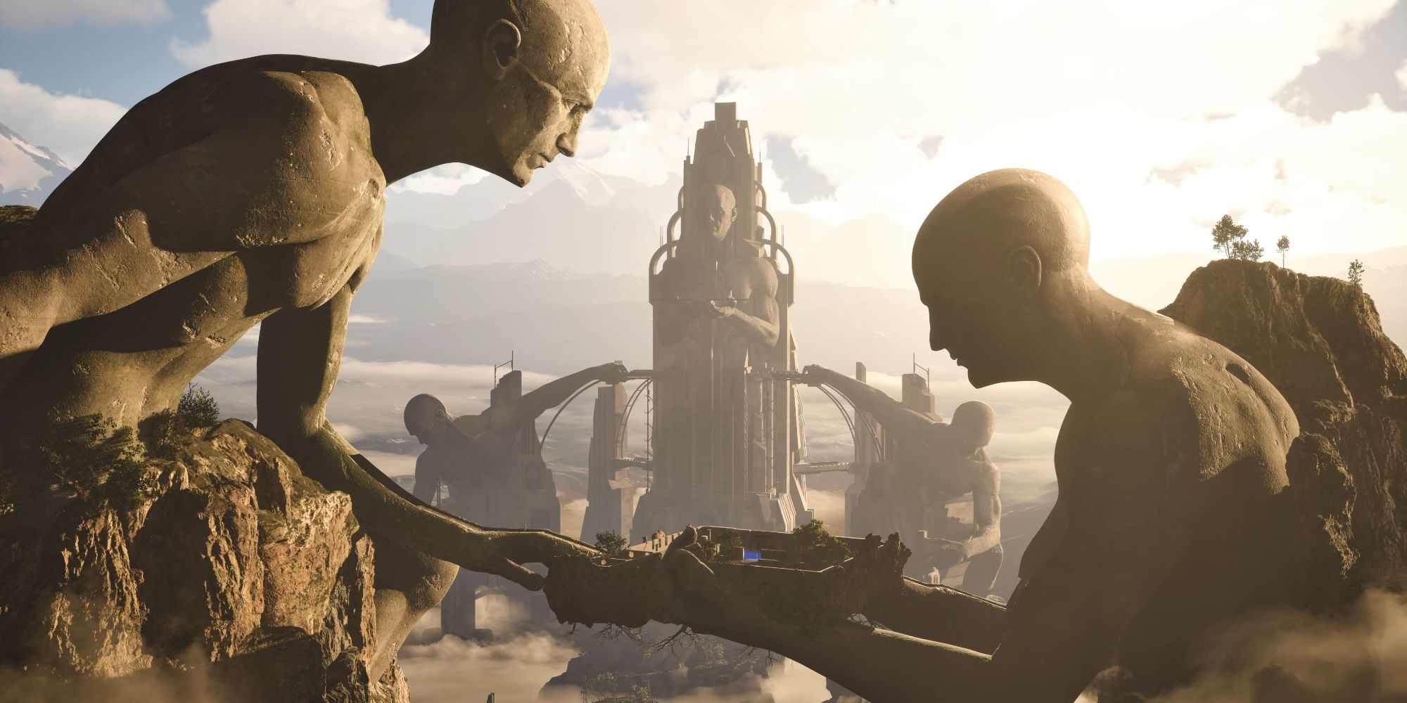 Two large, humanoid statues reach out to each other in The Talos Principle 2's trailer, with a tower and more statues in the background.