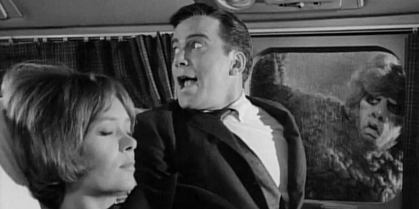 William Shatner screaming with a gremlin outside his window in The Twilight Zone Nightmare At 20,000 Feet