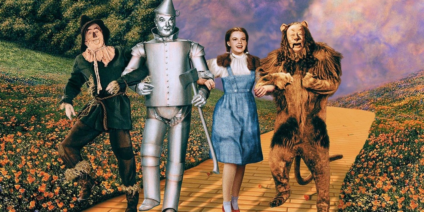 The Scarecrow, the Tin Man, Dorothy, and the Cowardly Lion on the Yellow Brick Road in The Wizard of Oz