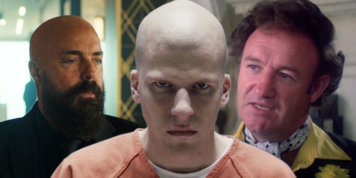 Titus Welliver, Jesse Eisenberg, and Gene Hackman's Lex Luthors in montage.
