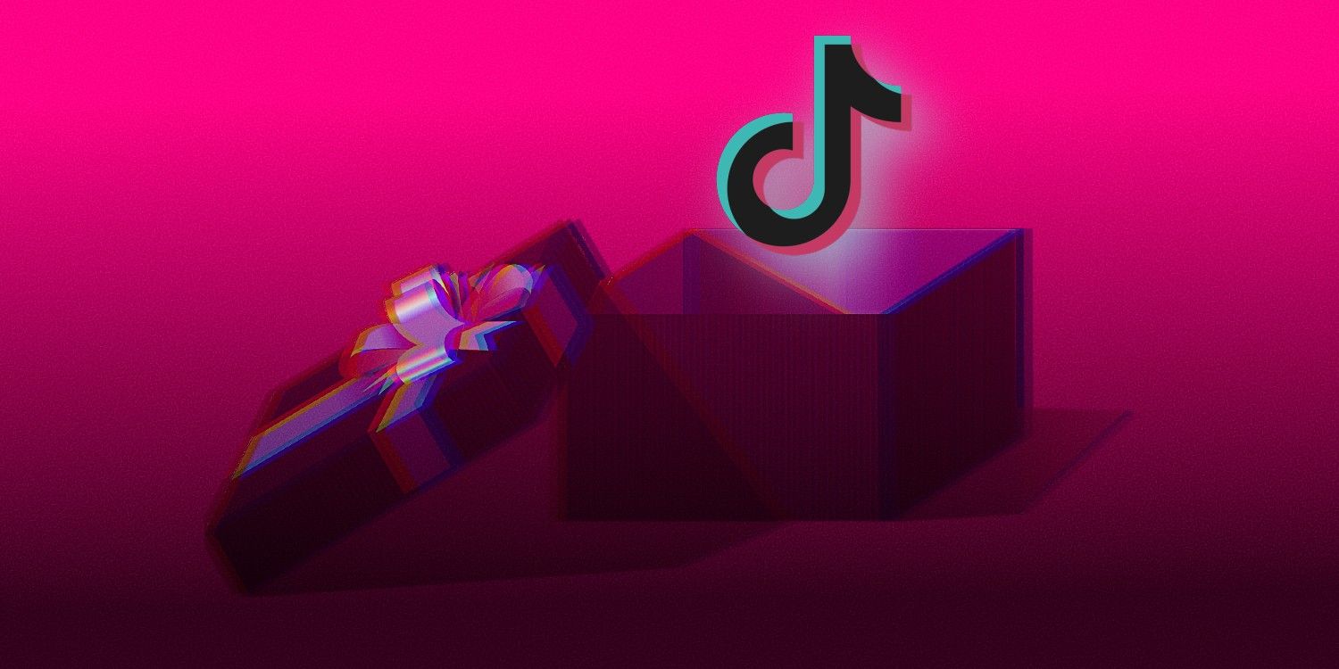 A graphic of an open gift box with the TikTok logo floating above it, against a hot pink background