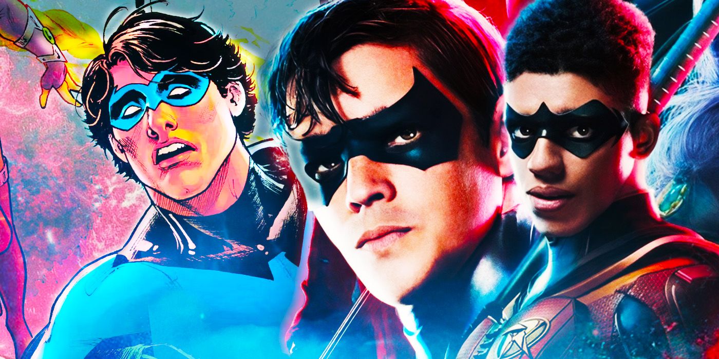 Custom image of Titans season 5&rsquo;s Nightwing and Robin alonsgiside comics' Nightwing.