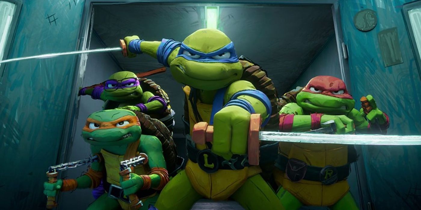 All four turtles ready to fight in TMNT: Mutant Mayhem