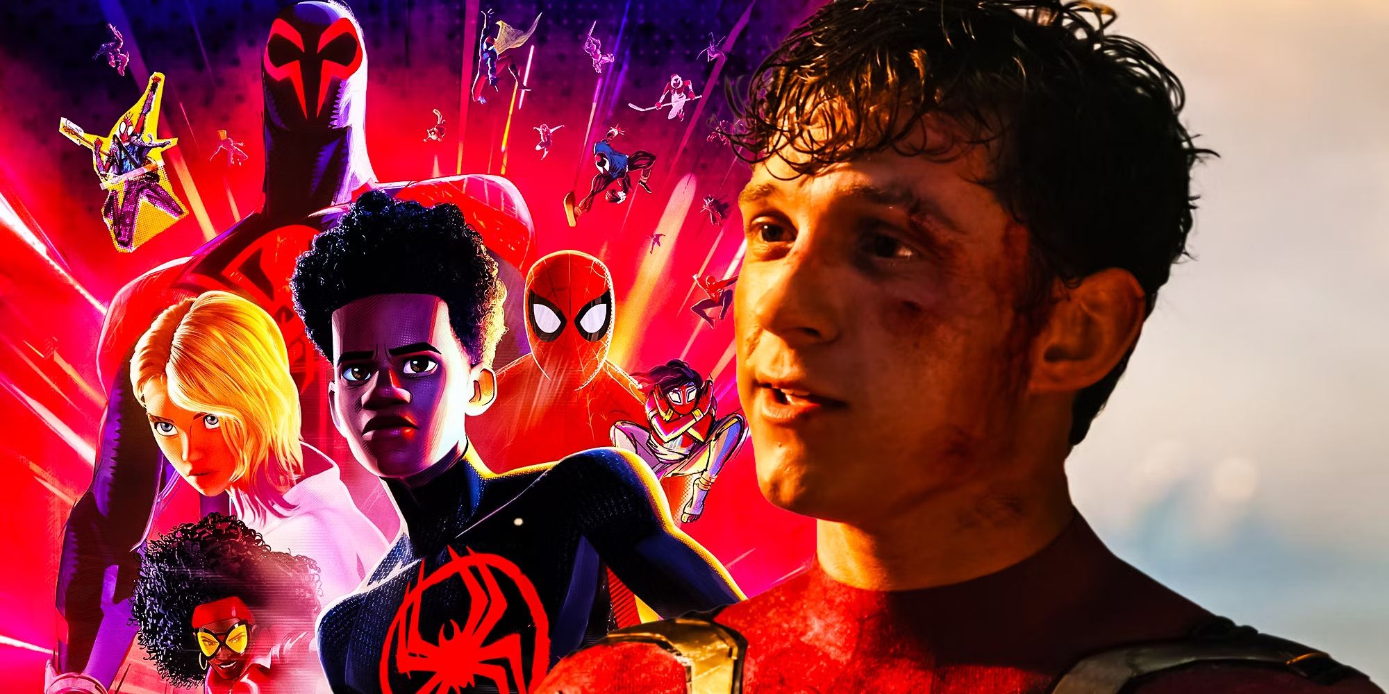 Tom Holland as MCU Spider-Man next to the poster for Spider-Man: Across the Spider-Verse