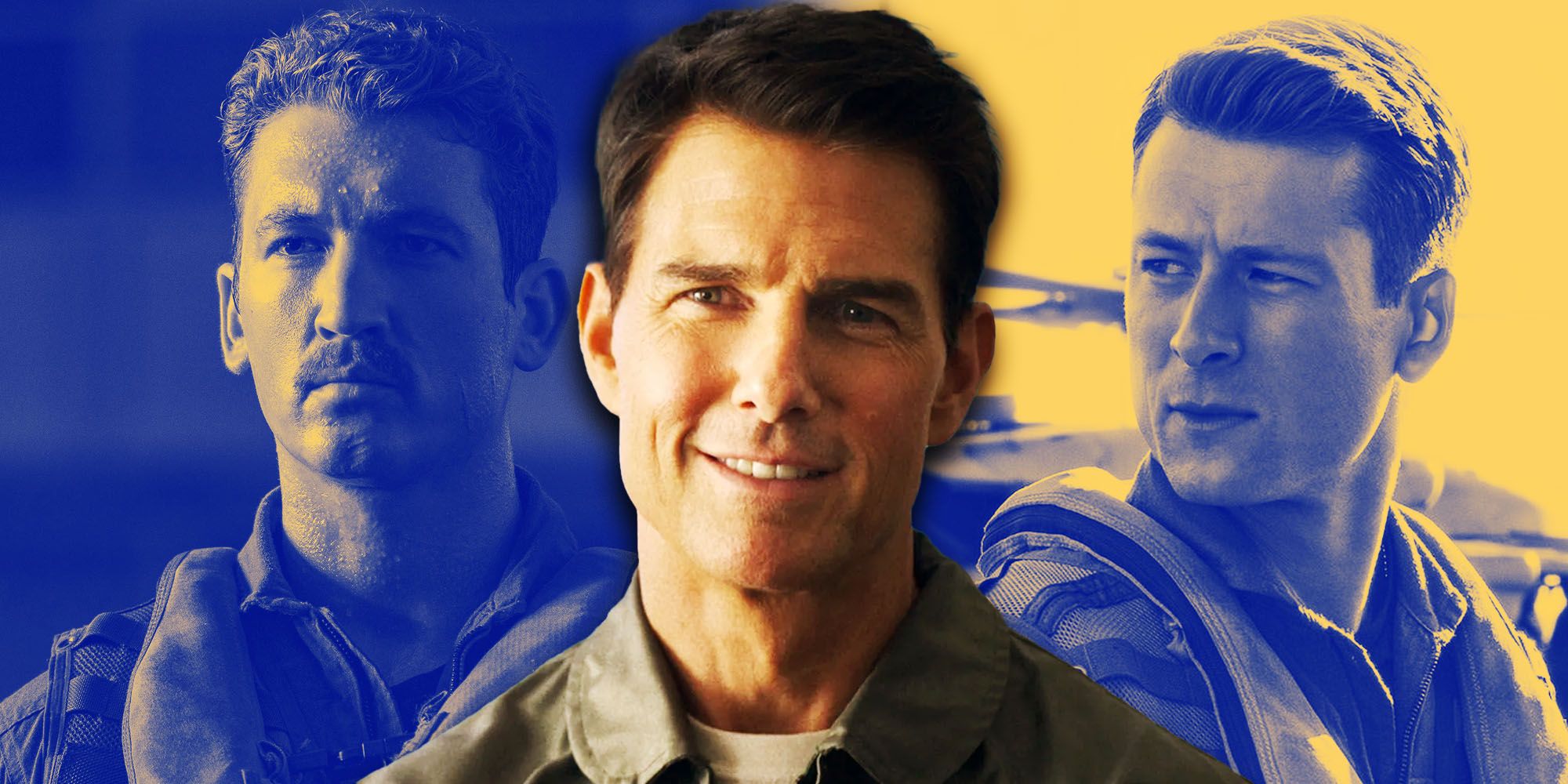 Collage of Tom Cruise, Miles Teller, and Glen Powell in Top Gun: Maverick